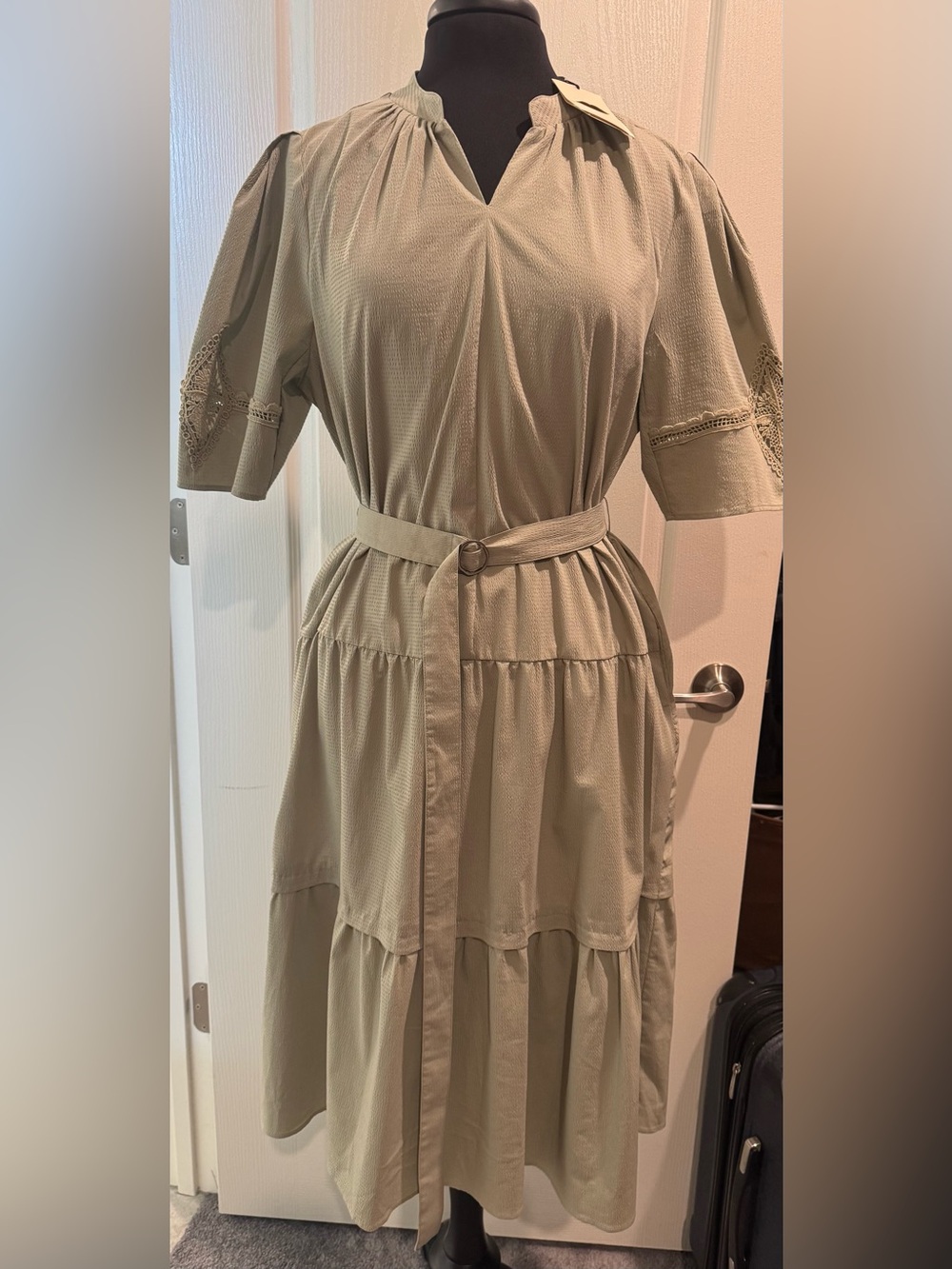 Tiered Midi Dress with Self-Tie Belt in Olive with 2 side pockets.